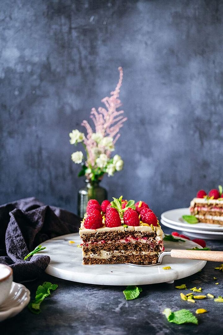 Hazelnut Layered Cake with Raspberries - Hide My Veggies