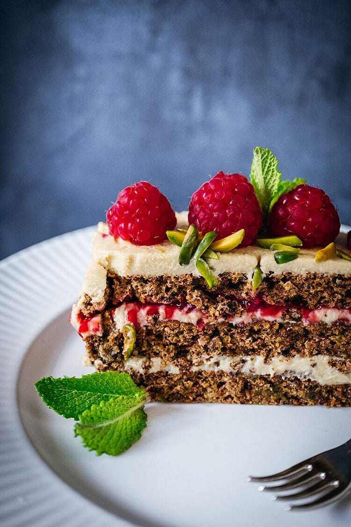 Hazelnut Layered Cake with Raspberries - Hide My Veggies