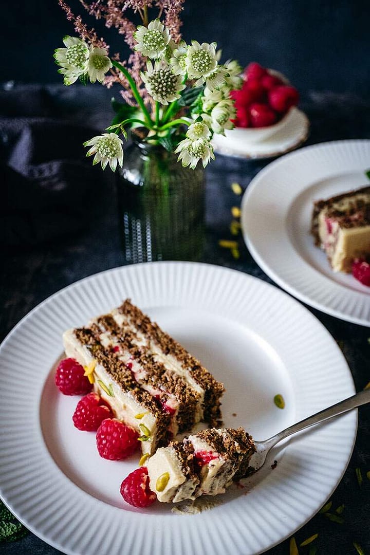 Hazelnut Layered Cake with Raspberries - Hide My Veggies