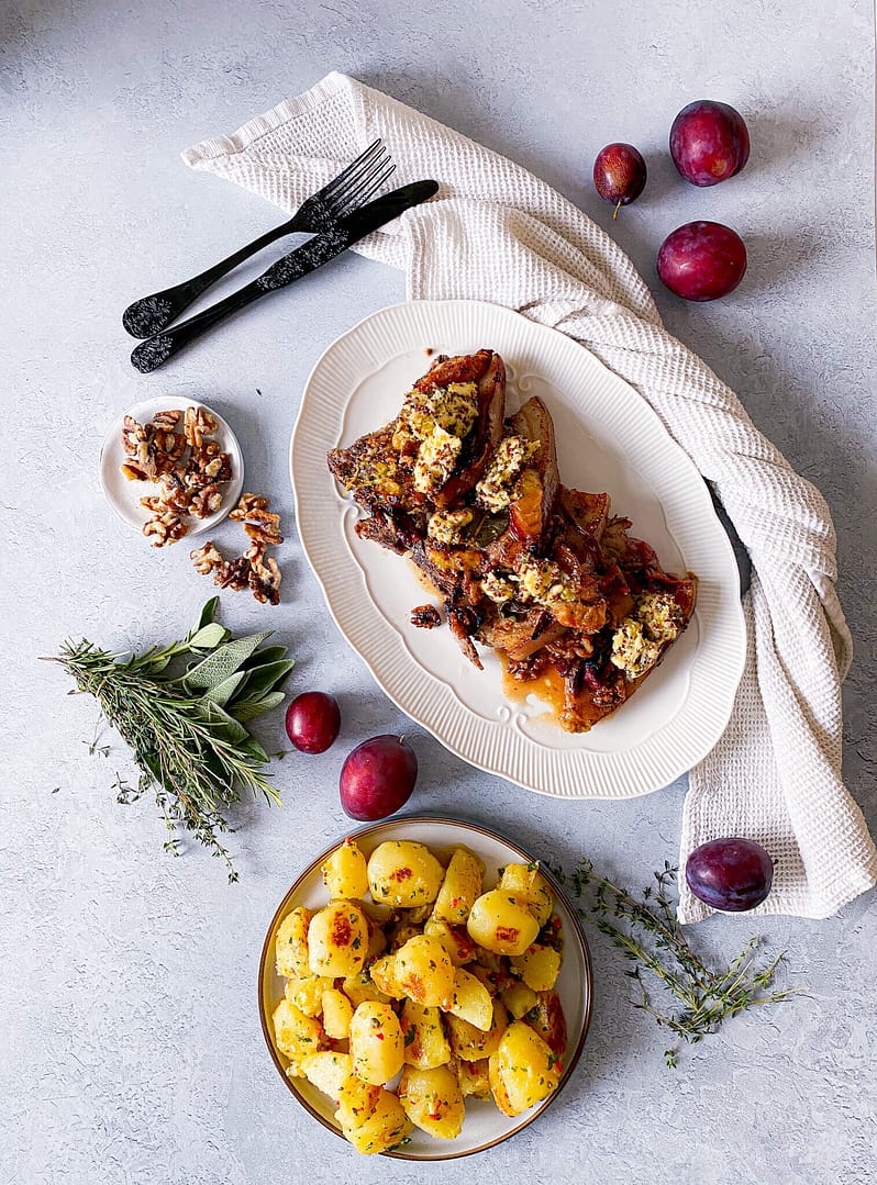 Read more about the article Pork Chops with Roasted Plums, Walnuts and Sage